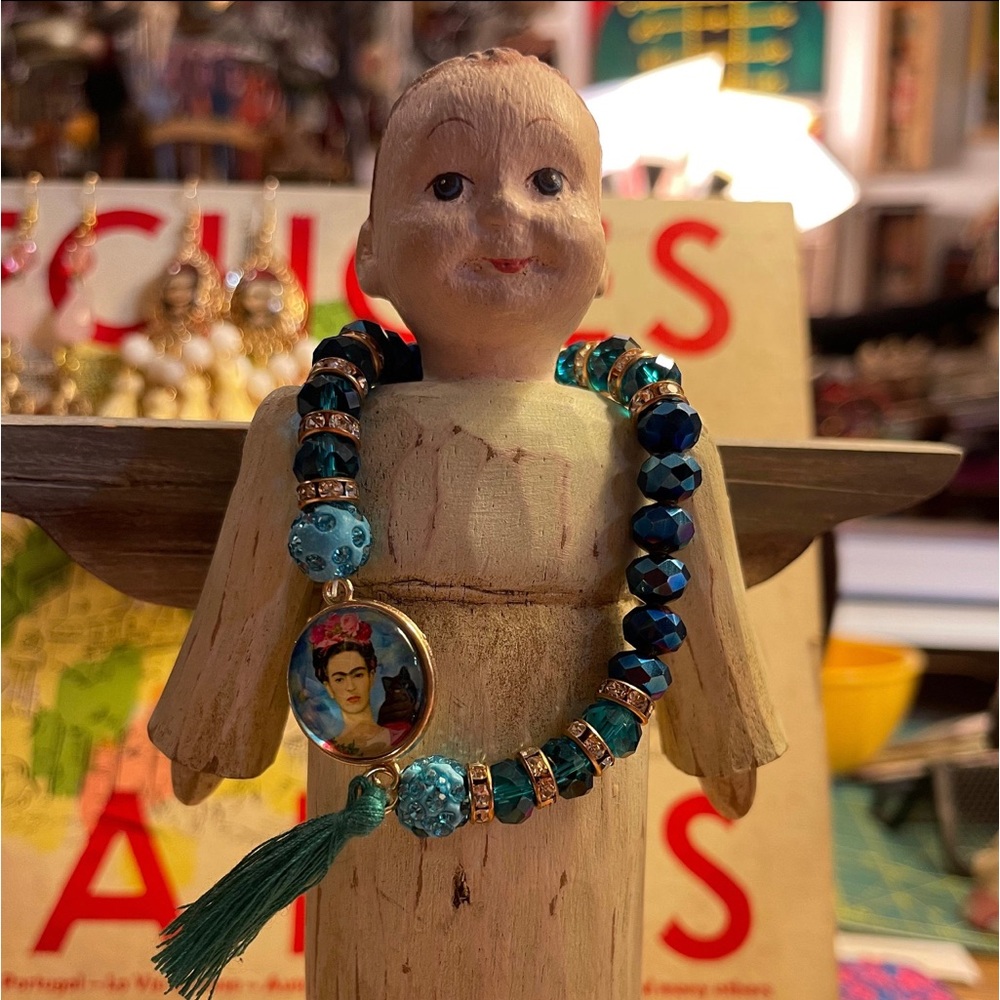 Frida Kahlo blue crystal stretchy bracelet with self portrait with her black cat